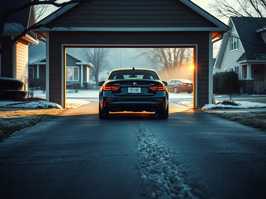 Family car pulling into a working garage on a frosty Spokane morning